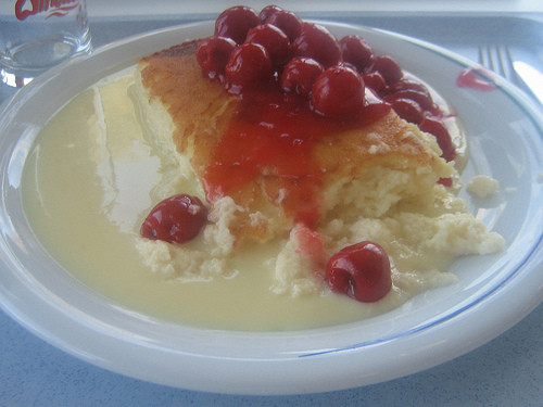 Sweet farina casserole with cherries and icecream